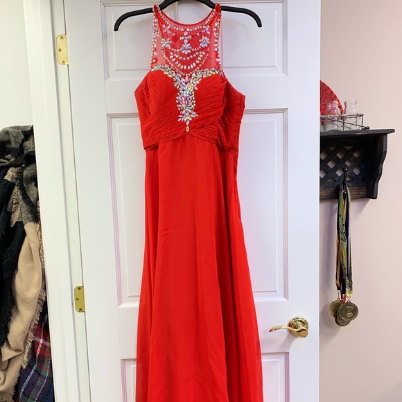 Red A-Line Beaded Prom Dress with Pleated Bodice - Picture 2 of 7